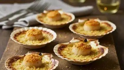 Coquilles Saint-Jacques gratinées avec sauce crémeuse, chapelure dorée et noix rôties servies dans des coquilles individuelles.