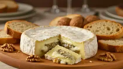 Brie truffé maison coupé en deux, garni d’une crème au mascarpone et à la truffe avec des noix, servi sur une planche en bois avec du pain.
