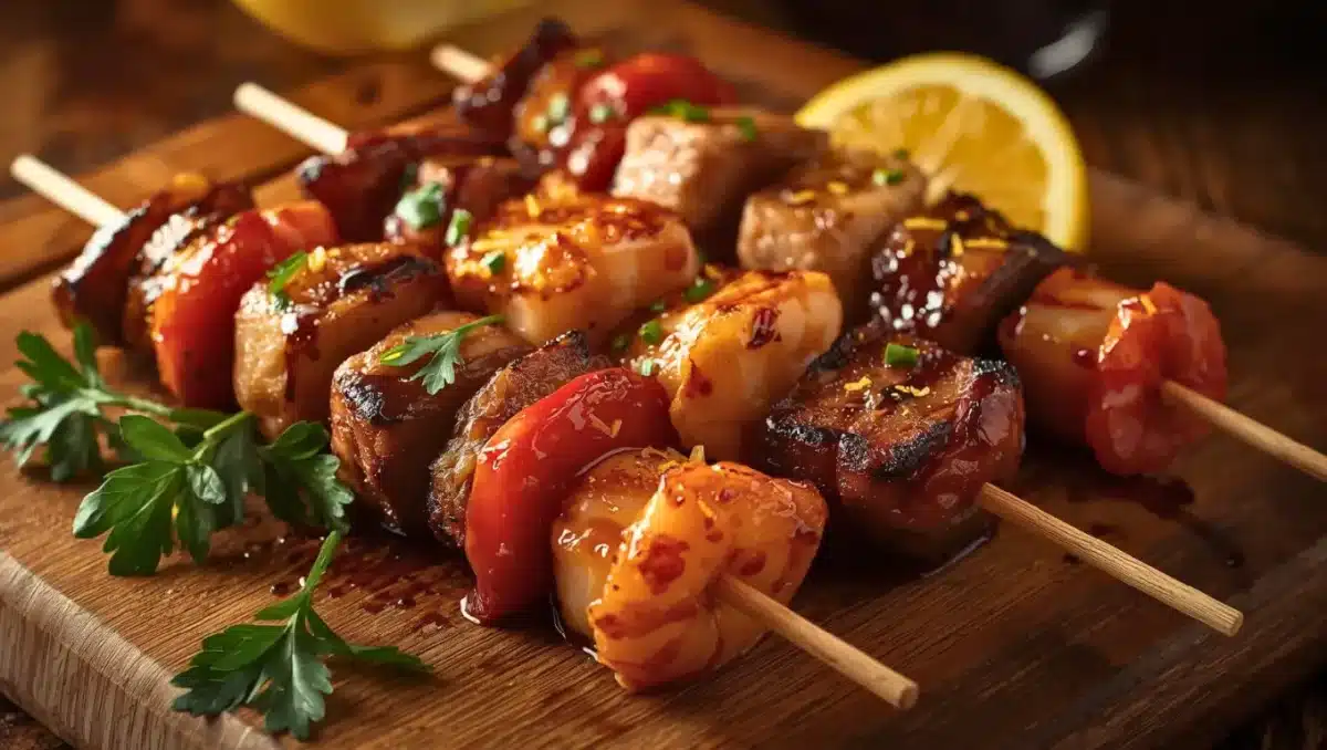 Brochettes apéritives terre-mer avec Saint-Jacques, crevettes, canard, porc et poivron, nappées de sauce brillante et servies sur une planche en bois.