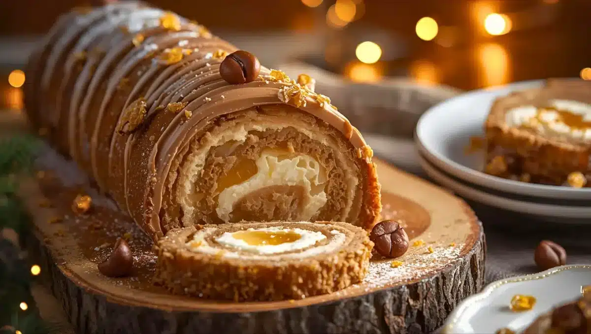 Bûche de Noël roulée à la crème de marrons, cœur à la confiture d’agrumes et décorée de brisures de marrons glacés.