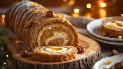 Bûche de Noël roulée à la crème de marrons, cœur à la confiture d’agrumes et décorée de brisures de marrons glacés.