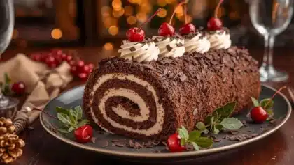 Bûche de Noël roulée au chocolat garnie de crème mascarpone vanillée et décorée de cerises amarena.