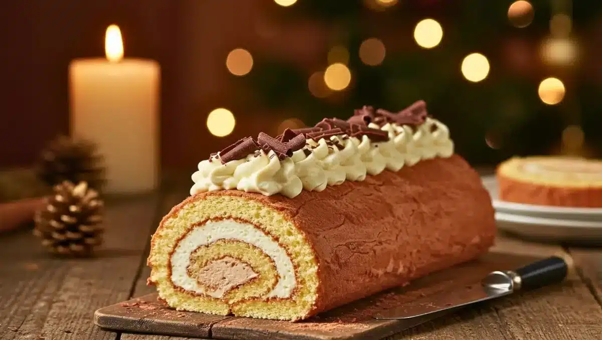 Bûche de Noël roulée au chocolat et à la vanille, décorée de chantilly et copeaux de chocolat, posée sur une planche en bois avec ambiance chaleureuse de fête en arrière-plan.