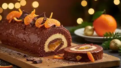 Bûche de Noël roulée au chocolat et à la clémentine, garnie de ganache et décorée de zestes d’agrumes confits.