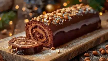 Bûche de Noël roulée au chocolat et à la noisette, garnie de ganache fondante et décorée de noisettes concassées.