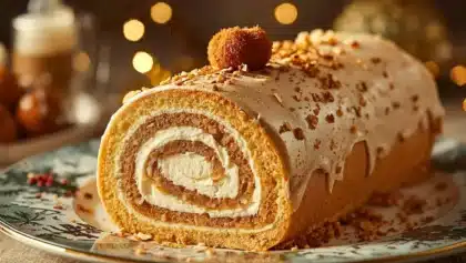 Bûche roulée de Noël à la crème de marrons et chantilly, décorée de glaçage clair, éclats de marrons et posée sur un plat festif dans une ambiance chaleureuse.