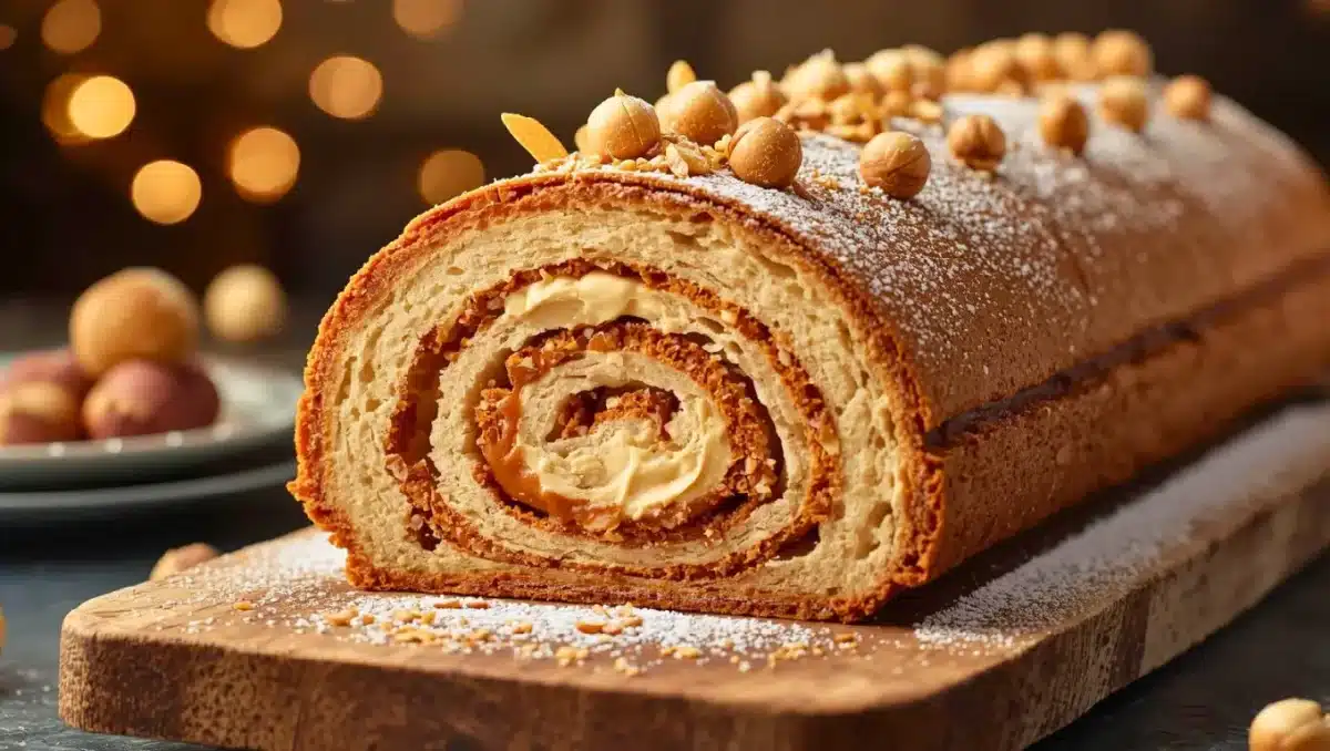 Bûche roulée maison au praliné avec crème mousseline, biscuit moelleux et noisettes caramélisées, saupoudrée de sucre glace sur une planche en bois, ambiance festive.