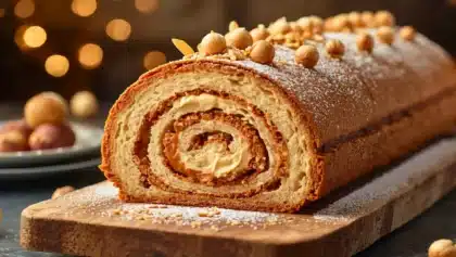 Bûche roulée maison au praliné avec crème mousseline, biscuit moelleux et noisettes caramélisées, saupoudrée de sucre glace sur une planche en bois, ambiance festive.