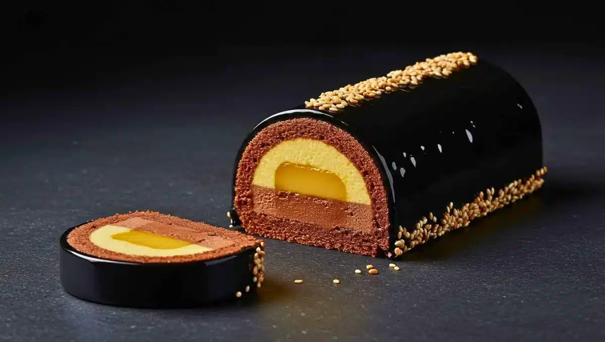 Bûche pâtissière glacée au chocolat avec glaçage miroir noir, insert citron et croustillant praliné sésame noir, tranchée pour montrer ses différentes couches, décorée de graines de sésame sur les côtés.