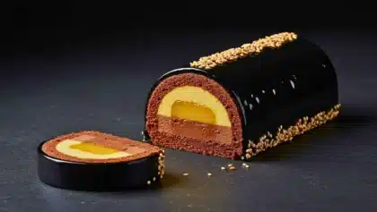 Bûche pâtissière glacée au chocolat avec glaçage miroir noir, insert citron et croustillant praliné sésame noir, tranchée pour montrer ses différentes couches, décorée de graines de sésame sur les côtés.