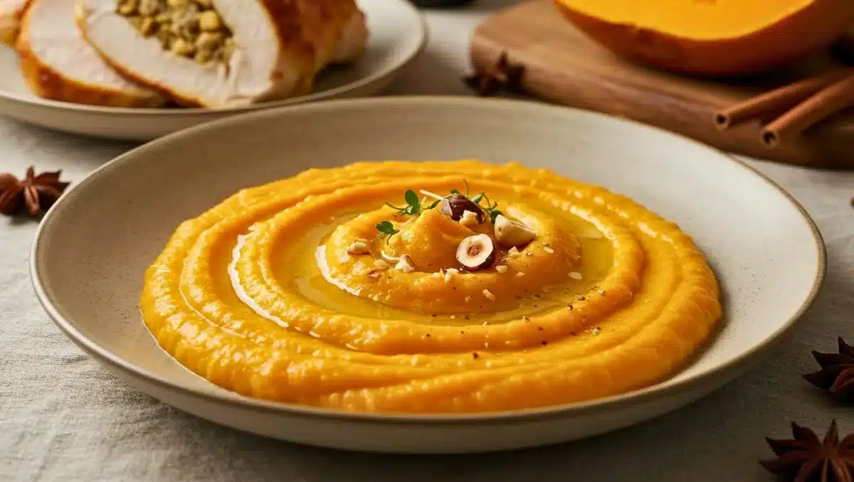 Purée de butternut onctueuse servie dans une assiette, décorée de noisettes concassées et d’herbes fraîches, idéale pour accompagner les repas de fêtes.