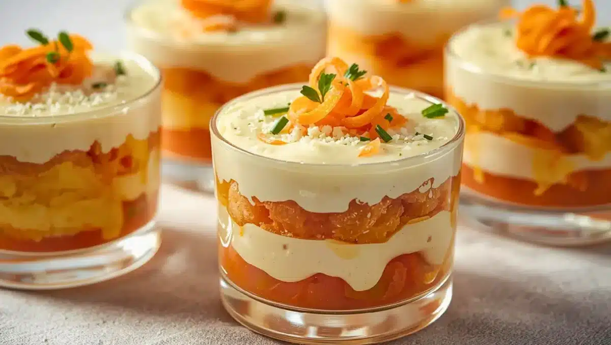 Tiramisu salé aux carottes en verrines, couches de légumes fondants et crème au mascarpone, entrée végétarienne raffinée.