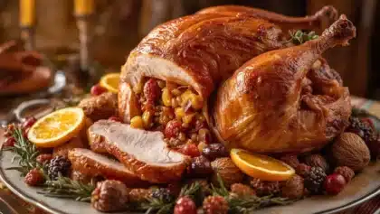 Chapon farci rôti au four, garni de fruits et servi avec des tranches d’orange, des fruits secs et une sauce brillante, présenté sur un plat de fête.