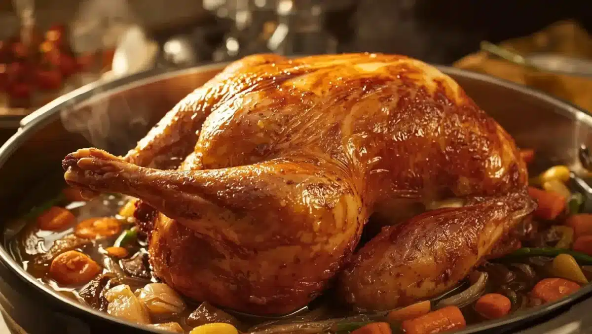 Chapon entier doré et juteux en cours de cuisson dans un plat, entouré de légumes et de jus, illustrant une cuisson maîtrisée pour une chair moelleuse.