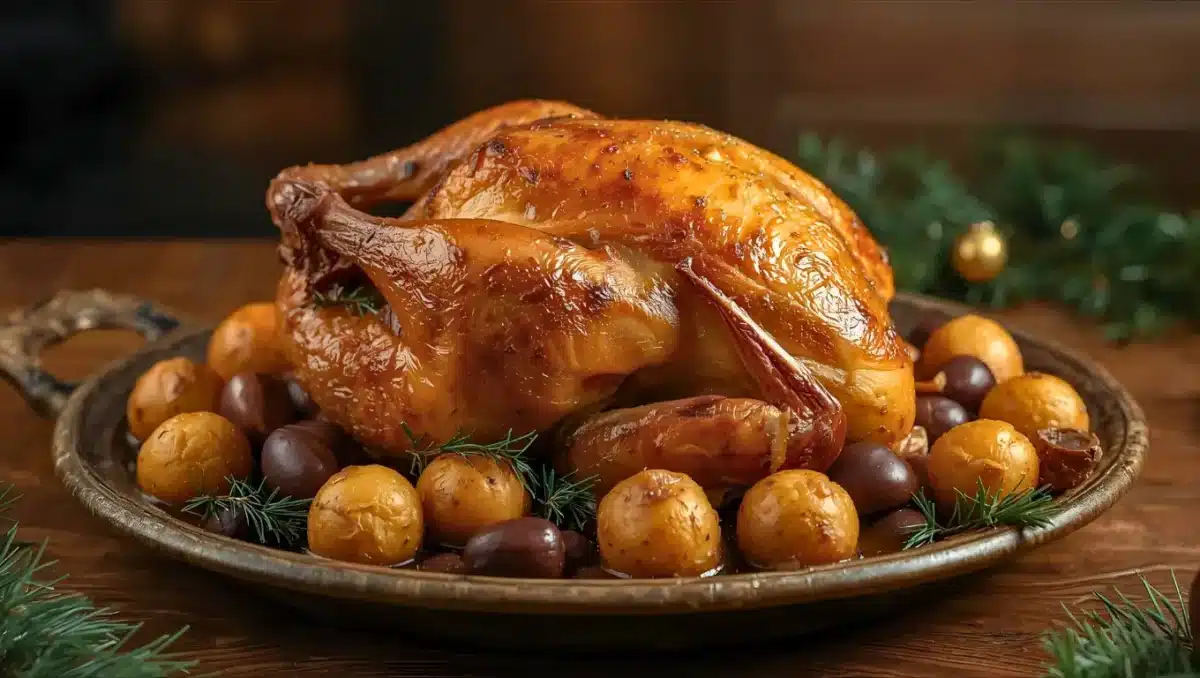 Chapon rôti entier, à la peau dorée et brillante, servi sur un plat avec des marrons fondants et des pommes de terre, décoré d’herbes aromatiques pour Noël.