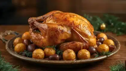 Chapon rôti entier, à la peau dorée et brillante, servi sur un plat avec des marrons fondants et des pommes de terre, décoré d’herbes aromatiques pour Noël.