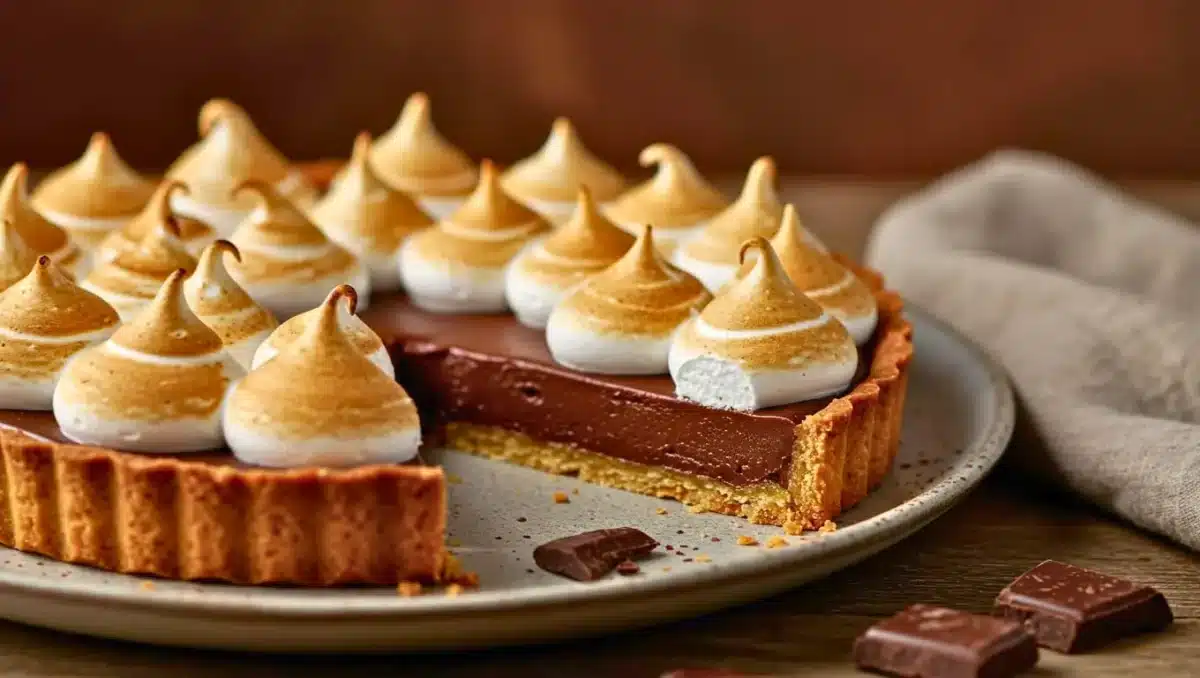 Tarte au chocolat sur fond sablé, décorée de petites pointes de meringue dorées au chalumeau, avec une part découpée laissant apparaître la ganache fondante.
