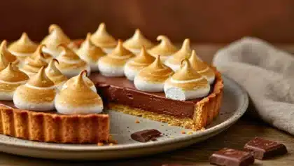 Tarte au chocolat sur fond sablé, décorée de petites pointes de meringue dorées au chalumeau, avec une part découpée laissant apparaître la ganache fondante.