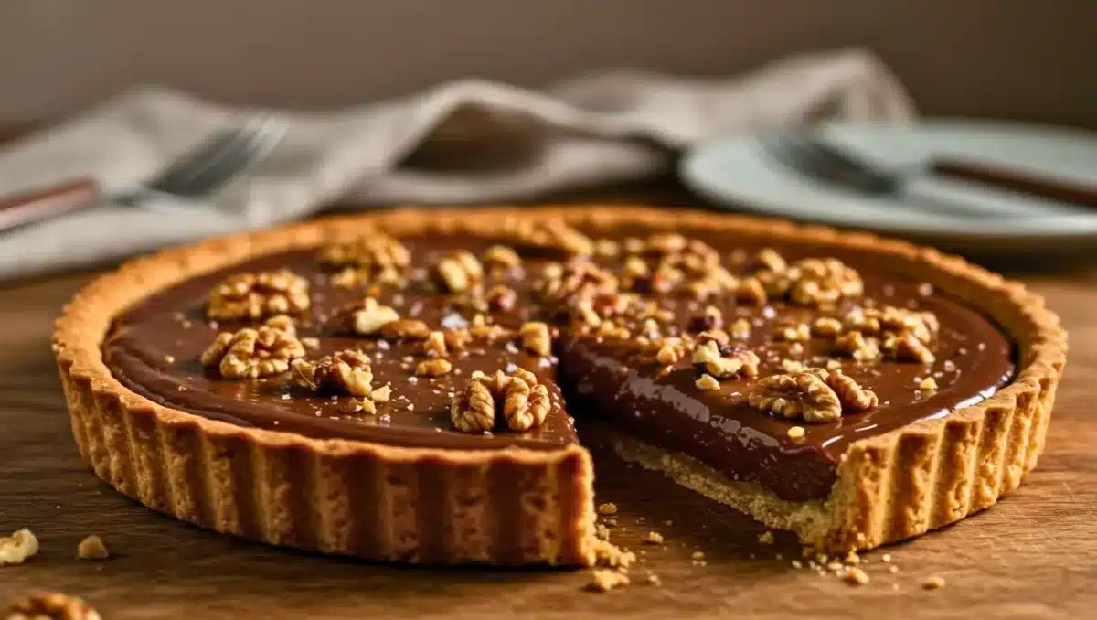 Tarte au chocolat et caramel décorée de cerneaux de noix caramélisés, avec une part retirée laissant apparaître la ganache brillante et la pâte sablée croustillante.