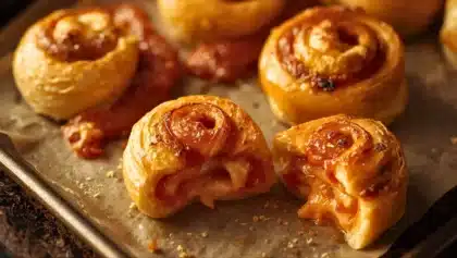 Roulés feuilletés au chorizo dorés au four, coupés en escargots, avec un cœur fondant au fromage et chorizo, disposés sur une plaque de cuisson.