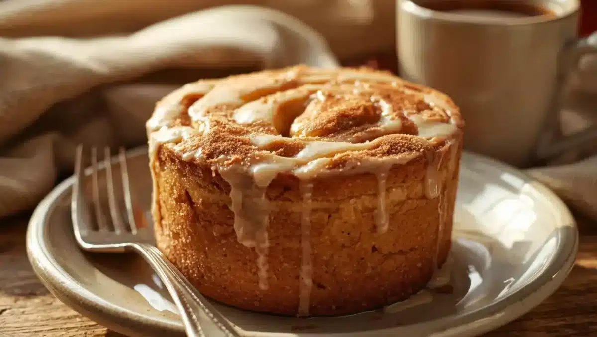 Petit gâteau individuel à la cannelle avec glaçage léger, texture moelleuse et spirale parfumée, servi sur une assiette avec une tasse de café dans une ambiance cocooning.