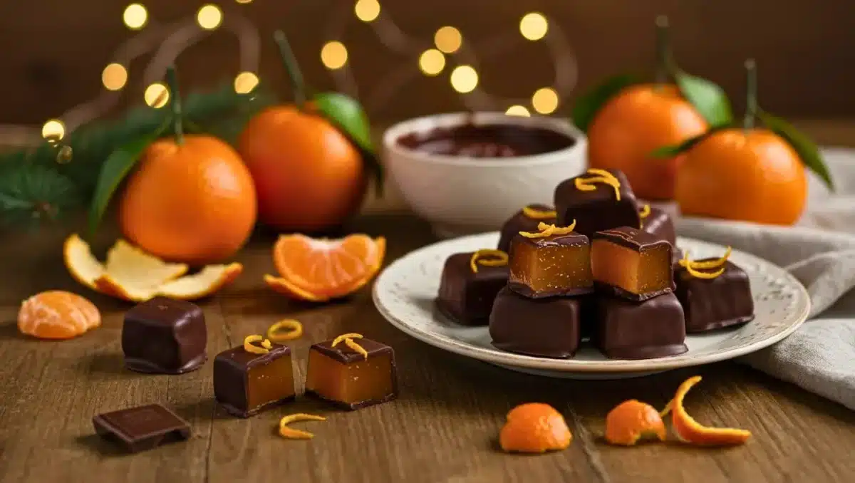 Bouchées de clémentines confites enrobées de chocolat noir, disposées sur une assiette avec des zestes d’agrumes et des clémentines fraîches.