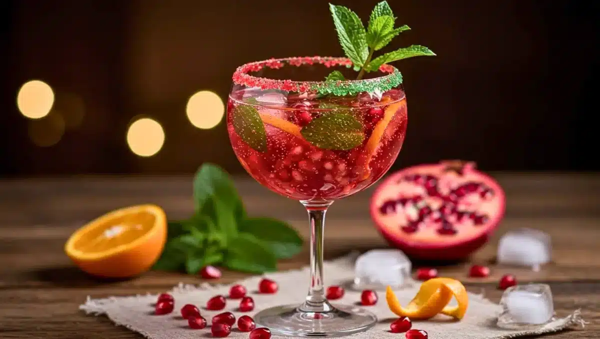 Cocktail mojito à la grenade dans un verre givré de sucre rouge et vert, décoré de menthe, d’arilles de grenade et de zestes d’orange sur fond festif.