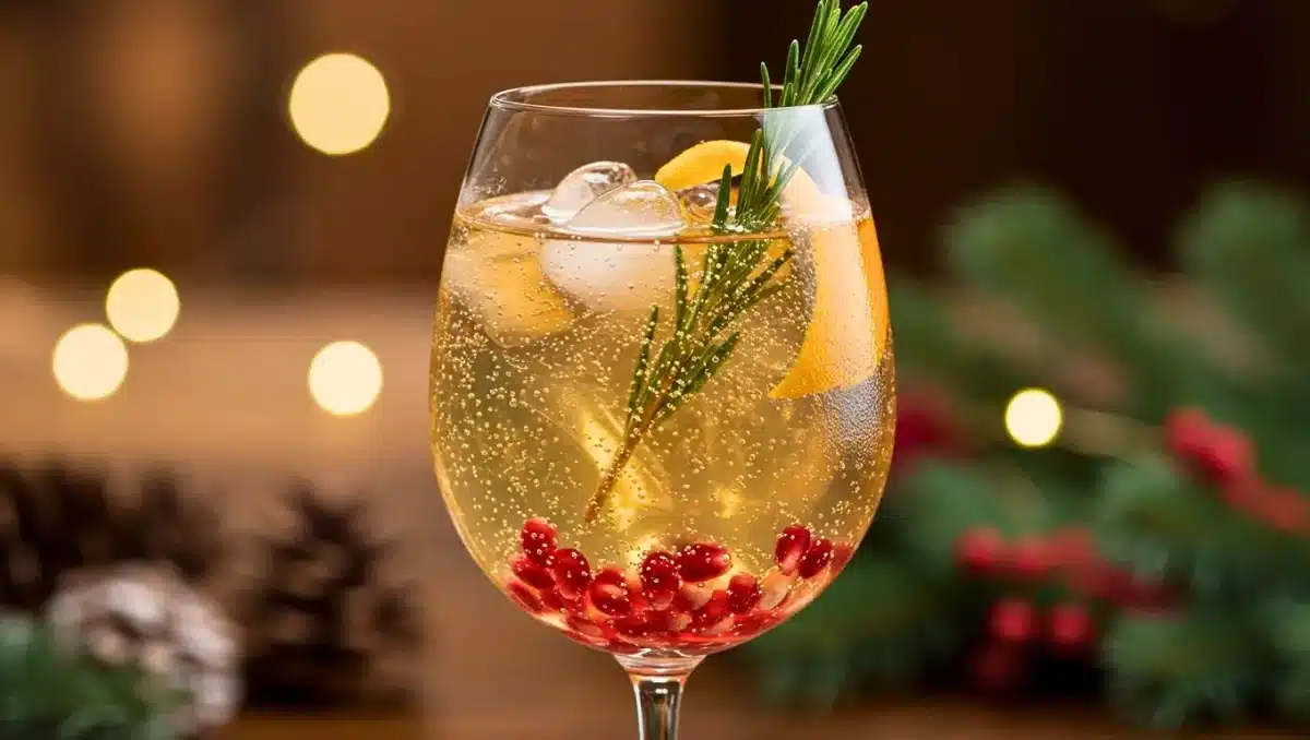 Verre de mocktail festif avec limonade pétillante, graines de grenade, zeste d’orange et branche de romarin, ambiance de Noël en arrière-plan.