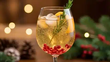Verre de mocktail festif avec limonade pétillante, graines de grenade, zeste d’orange et branche de romarin, ambiance de Noël en arrière-plan.