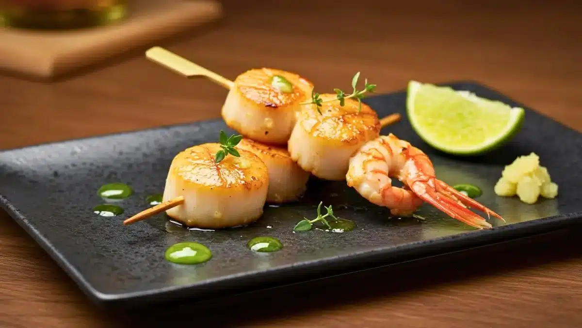 Brochette de Saint-Jacques et crevettes poêlées, nappées de beurre gingembre-soja, servie avec citron vert et herbes fraîches sur assiette noire.