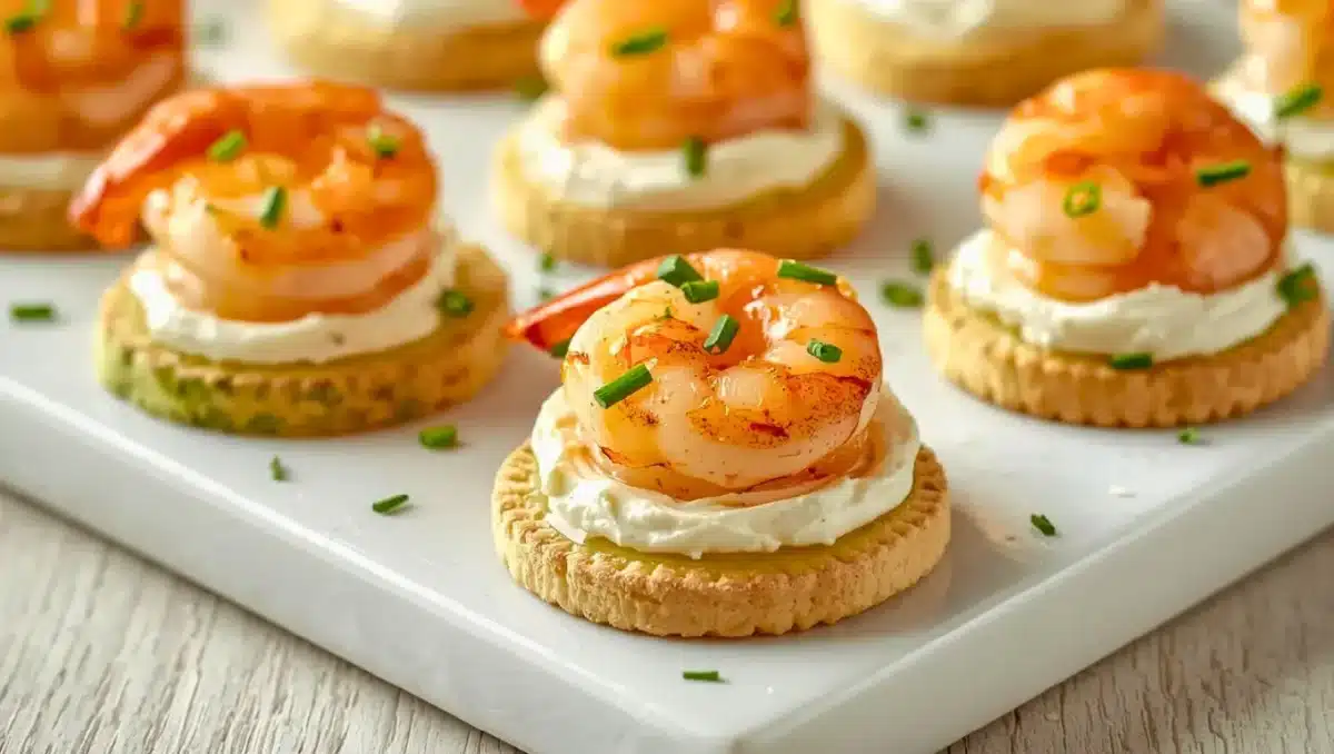 Bouchées apéritives composées de crevettes, fromage frais et rondelles de concombre posées sur des sablés, décorées de ciboulette sur un plateau blanc.