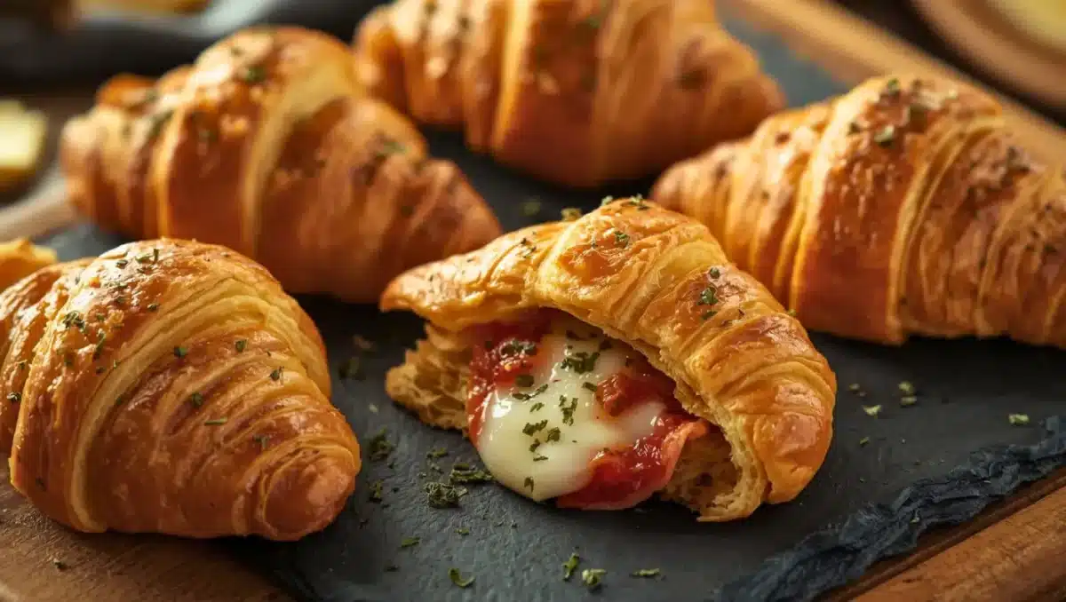 Mini croissants apéritifs en pâte feuilletée, dorés au four, garnis de jambon, mozzarella fondante et sauce tomate, présentés sur une ardoise.