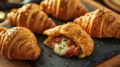 Mini croissants apéritifs en pâte feuilletée, dorés au four, garnis de jambon, mozzarella fondante et sauce tomate, présentés sur une ardoise.