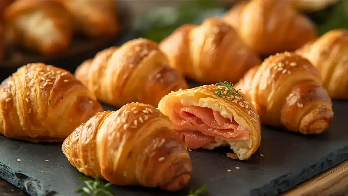 Mini croissants feuilletés dorés garnis de saumon fumé, dont un coupé en deux révélant un cœur fondant, disposés sur une ardoise pour l’apéritif.