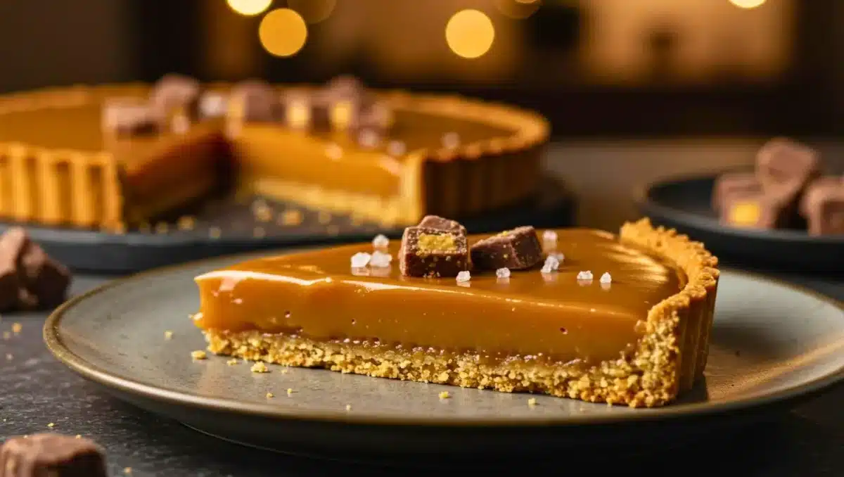 Part de tarte au Daim maison avec base biscuitée, caramel fondant et ganache au chocolat au lait, décorée de morceaux de Daim et de fleur de sel, servie sur une assiette.