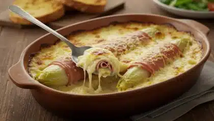 Plat de gratin contenant des endives enroulées dans du jambon, nappées de béchamel crémeuse et gratinées au fromage ; une cuillère soulève une portion fondante avec fromage filant.