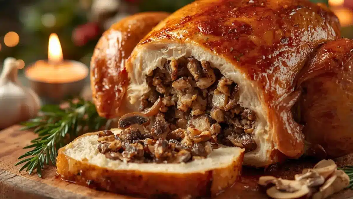 Volaille de Noël rôtie farcie aux champignons, chair moelleuse et garniture forestière visible à la découpe.