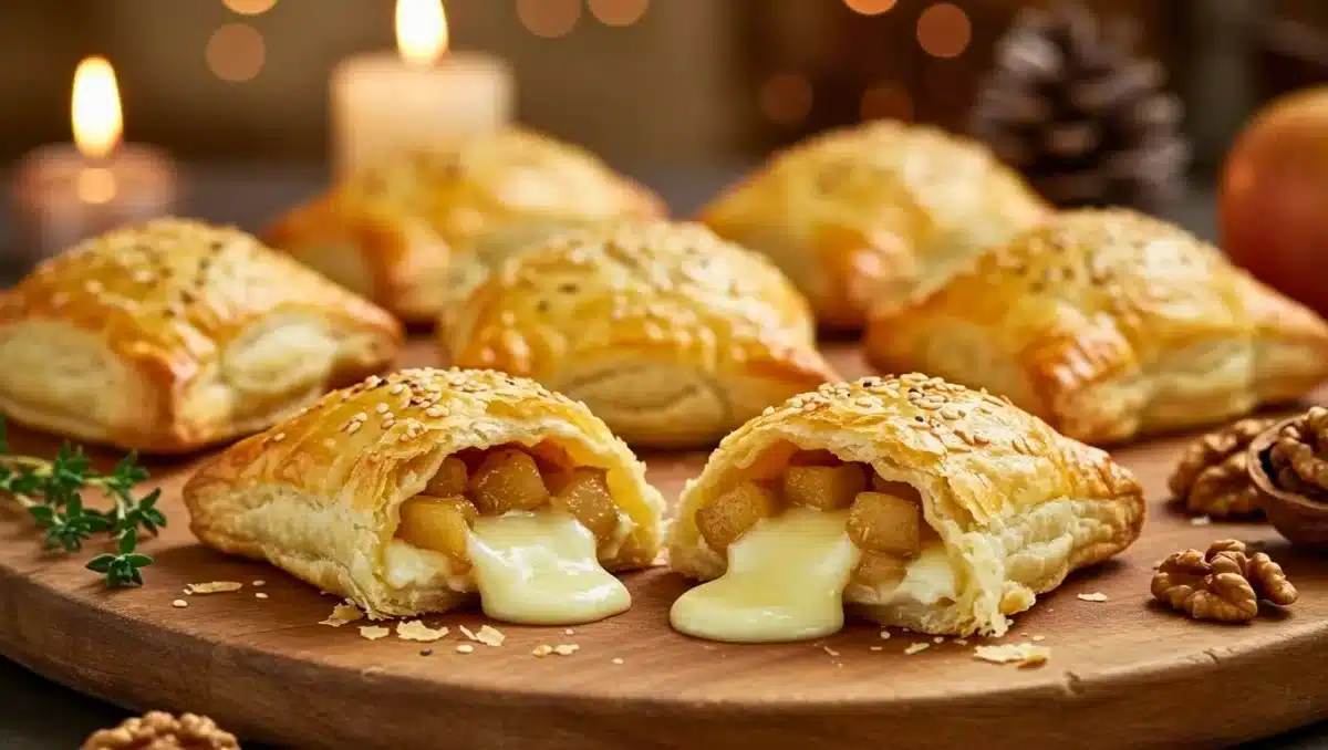 Feuilletés dorés coupés en deux laissant couler du brie fondant, garnis de pommes poêlées, posés sur une planche en bois avec ambiance hivernale et bougies en arrière-plan.
