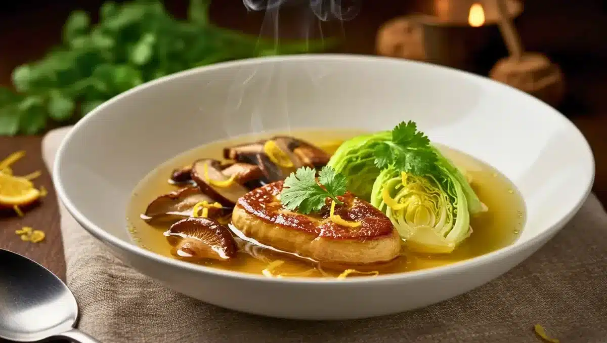 Bol de bouillon clair garni d’une escalope de foie gras poché, champignons émincés, chou frisé et zestes d’agrumes, avec vapeur visible et décoration d’herbes fraîches.