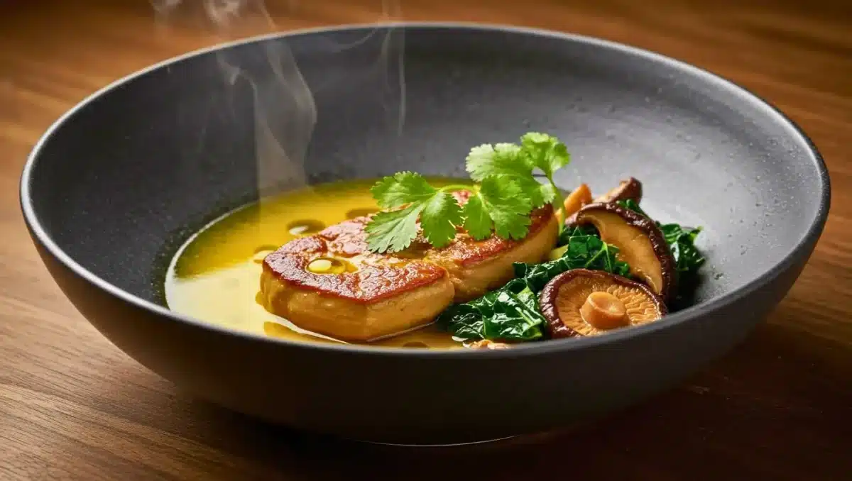 Assiette creuse contenant une escalope de foie gras pochée dans un bouillon chaud, accompagnée de shiitakés, de chou frisé et garnie de coriandre fraîche, avec vapeur visible.