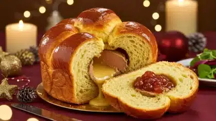 Brioche dorée garnie de foie gras fondant, coupée en tranche, servie sur une table de fête de Noël.
