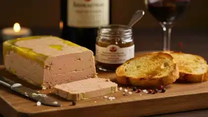 Terrine de foie gras maison tranchée, servie avec pain grillé, grains de poivre et chutney, en ambiance festive avec vin rouge.