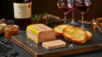 Terrine de foie gras mi-cuit avec pain brioché grillé, confit d’oignons et verres de vin, présentée sur une planche en ambiance festive de Noël.