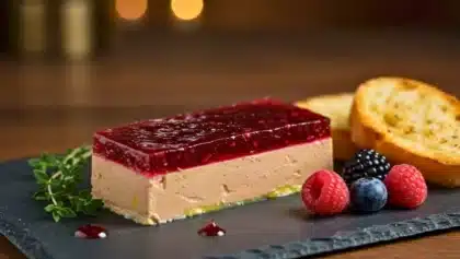 Tranche de foie gras surmontée d’une gelée de mûres au Porto, servie sur ardoise avec fruits rouges frais et toasts grillés, illustrant une entrée festive raffinée.
