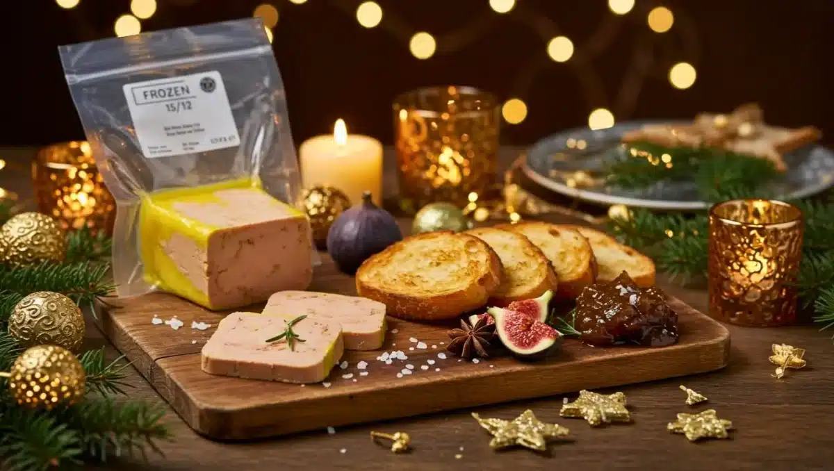 Foie gras sous vide sur planche en bois avec pain grillé et décor de fêtes, prêt à être congelé pour Noël.