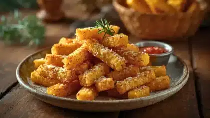 Frites de polenta dorées et croustillantes, saupoudrées de parmesan et d’herbes, servies sur une assiette rustique avec une sauce tomate en accompagnement.
