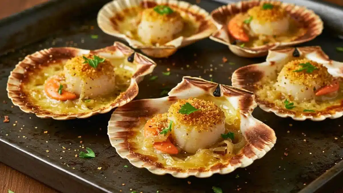 Coquilles Saint-Jacques gratinées dans leur coquille, avec noix, corail, fondue d’oignons et chapelure dorée, disposées sur une plaque de cuisson et parsemées de persil.