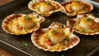 Coquilles Saint-Jacques gratinées dans leur coquille, avec noix, corail, fondue d’oignons et chapelure dorée, disposées sur une plaque de cuisson et parsemées de persil.