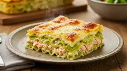 Part de lasagnes au saumon et poireaux, avec béchamel gratinée et fromage doré, servie dans une assiette en céramique sur une table en bois.