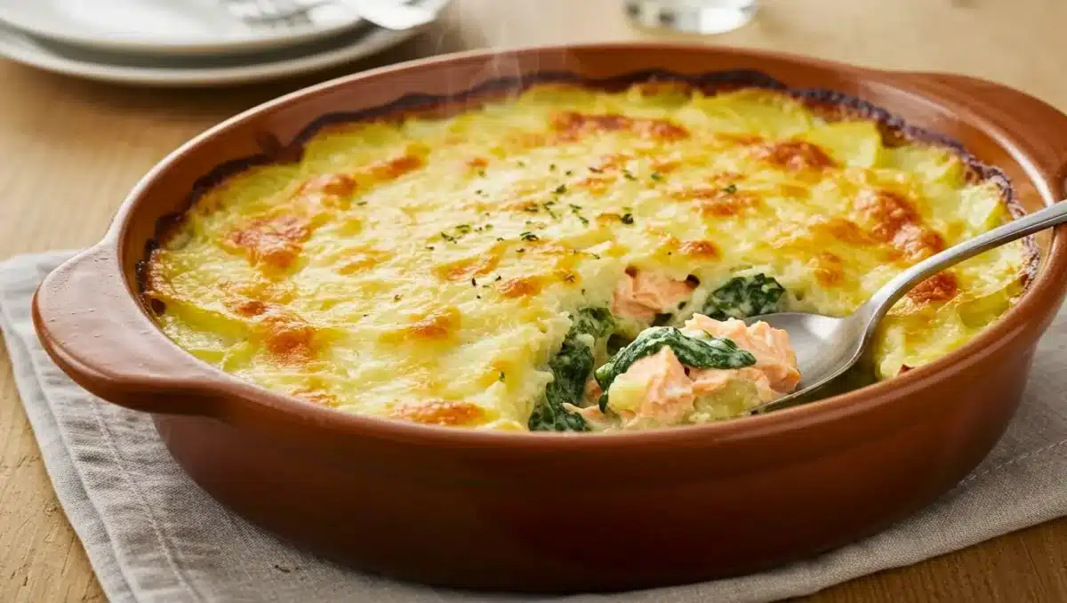 Gratin de saumon, épinards et pommes de terre dans un plat en terre cuite, avec une cuillère révélant l’intérieur crémeux et le dessus doré et gratiné.